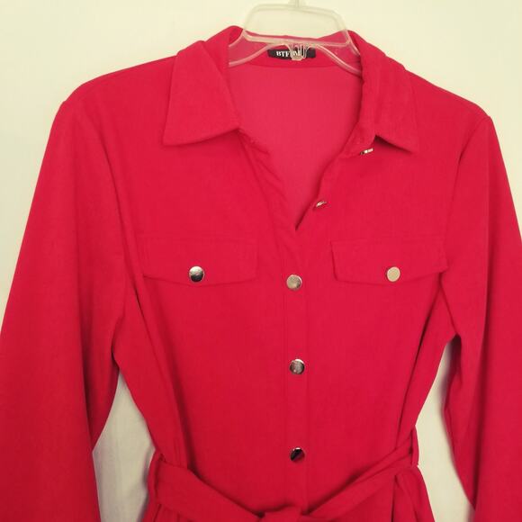 BTFBM Women's Red Corduroy Button Up Shirt Dress Pockets Tie Waist Long Slv Sz L - Picture 2 of 8
